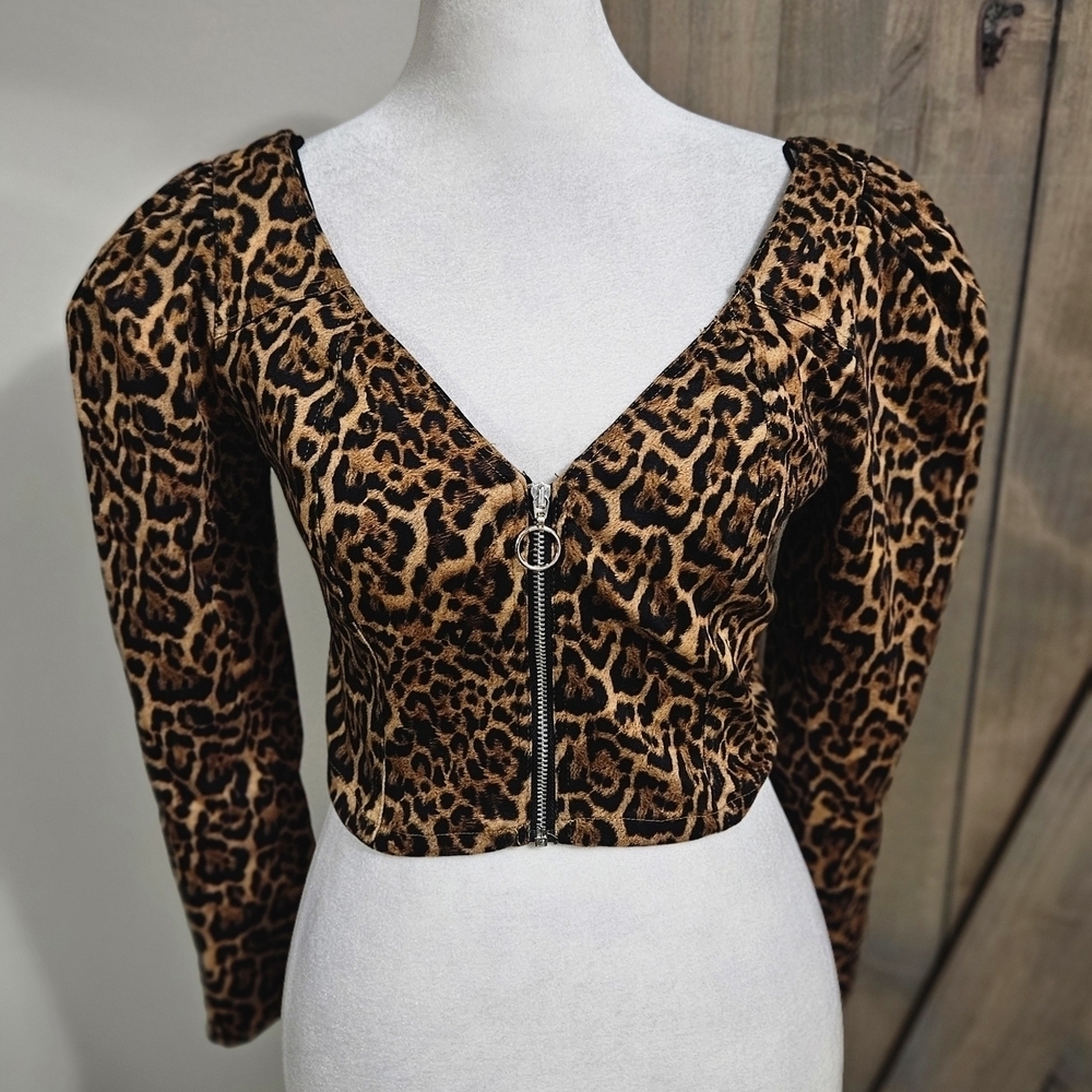 ZARA Leopard Print Long Sleeve Zip Front Puff Sleeve Crop Top.Black/brown.SM NWT - Picture 2 of 14